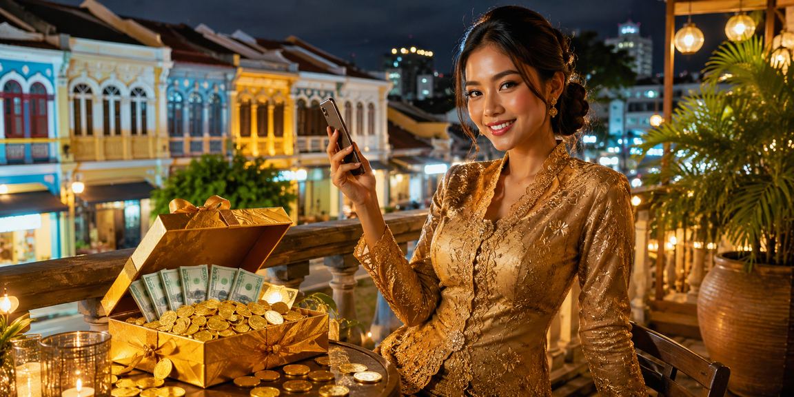 Pemain perempuan berbaju kebaya mengakses permainan slot aeon2go di telefon pintar di Penang